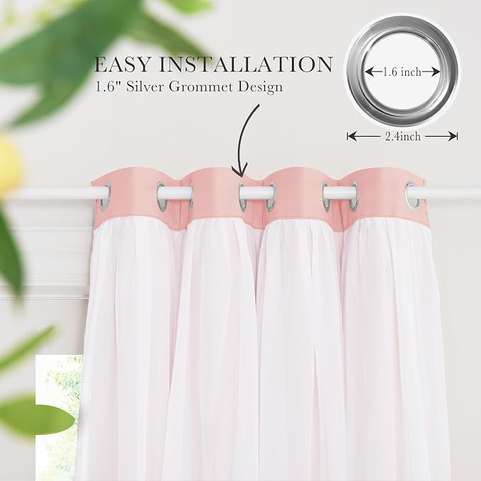 PONY DANCE Nursery Curtains Pink - Curtains for Bedroom Decor Aesthetic Cute Double Layer with Sheer Overlay Windows Covering, 52 x 84 inches, Rose Blush, 2 Panels