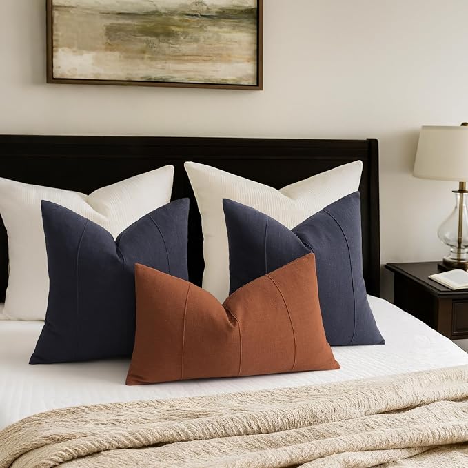 ZWJD Decorative Linen Throw Pillow Covers 22x22 Set of 2 Solid Handcrafted Striped Throw Pillows for Bed Soft Modern Farmhouse Neutral Pillowcase for Couch Bedroom Living Room Home Decor(Dark Navy)