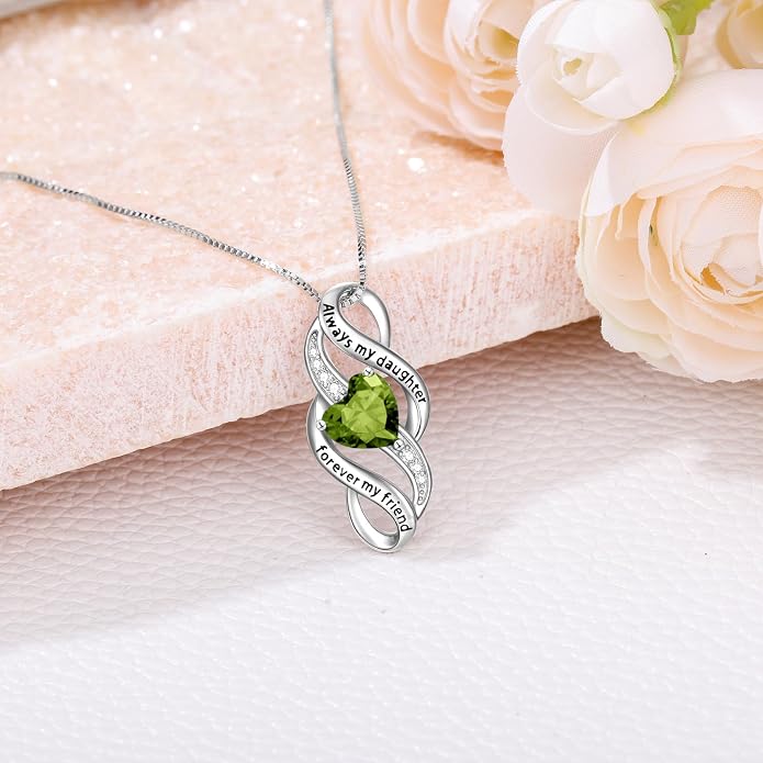 Daughter Necklace 925 Sterling Silver Always My Daughter Forever My Friend Infinity Necklace to Daughter Birthday Gift from Mom with 12 Birthstones