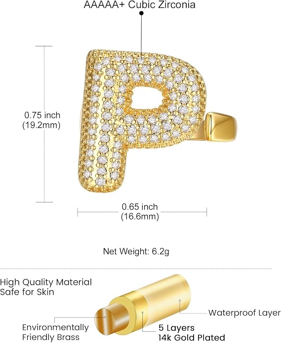 KeyStyle Bold Initial Letter Rings Adjustable, GoldChic Jewelry Women Gold Statement Ring Personalized Engraved Women’s Open Signet Ring for Party (Gold, White Gold, Black)