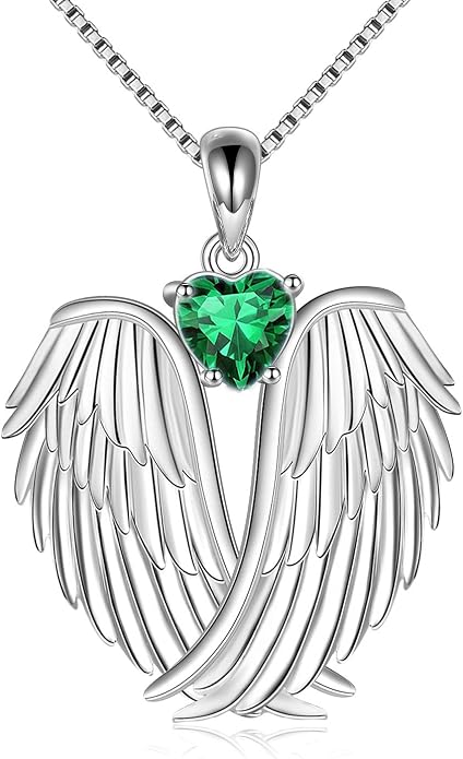 YFN Angel Wings Necklace 925 Sterling Silver Guardian Angel Wings Pendant Necklace Birthstone Necklace for Women Girls Christmas Jewelry Gifts