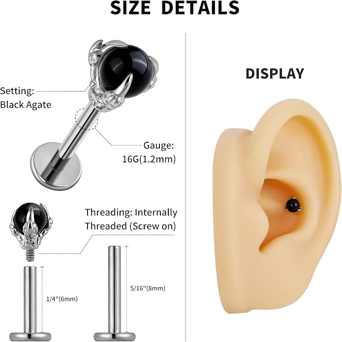 FINE4U 16G ASTM F136 Titanium Dragon Claw Piercing Jewelry Stud with 6mm 8mm post for Conch Helix Tragus Flat, Hypoallergenic Internally Threaded