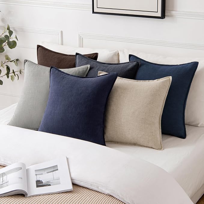 MIULEE Decorative Linen Pillow Covers 18x18 Inch Navy Blue | Boho Farmhouse Neutral Couch Throw Pillows for Bed, Pack of 2 Accent Coastal Modern Pillowcases, Sofa Livingroom Home Decor