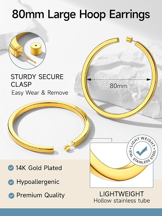 Stainless Steel Chunky Hoop Earrings For Women, Minimalist and Chic, Black/Gold Plated, Round Hoops Earrings Hypoallergenic, Size: 30mm/40mm/60mm/80mm, Come with Box