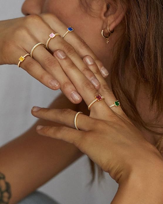 Birthstone Gold Rings for Women Non Tarnish 14K Gold Plated Stackable Cubic Zirconia Thumb Rings Dainty Cute Emerald Eternity Band Pinky Ring Engagement Wedding Promise Rings Jewelry Gifts