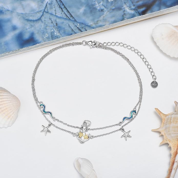 Dragonfly/Evil Eye/Hamsa Evil Eye/Lotus/Mushroom Anklet Bracelets for Women Sterling Silver Adjustable Double Layered Bracelet Anklet Mother's Day Jewelry Gifts Beach Jewelry