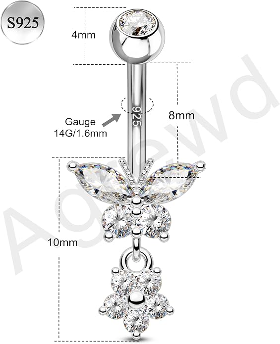 14K Gold Plated Belly Button Rings Dangle Belly Navel Rings for Women 925 Sterling Silver Navel Piercing Jewelry Surgical Steel