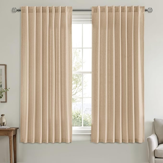 MIULEE Non-See-Through Privacy Linen Curtains 52W x 63L Inch Light Brown | 2 Panels, Light Filtering, Semi Sheer Window Curtains, Farmhouse Textured, Back Tab Drapes for Bedroom Living Room