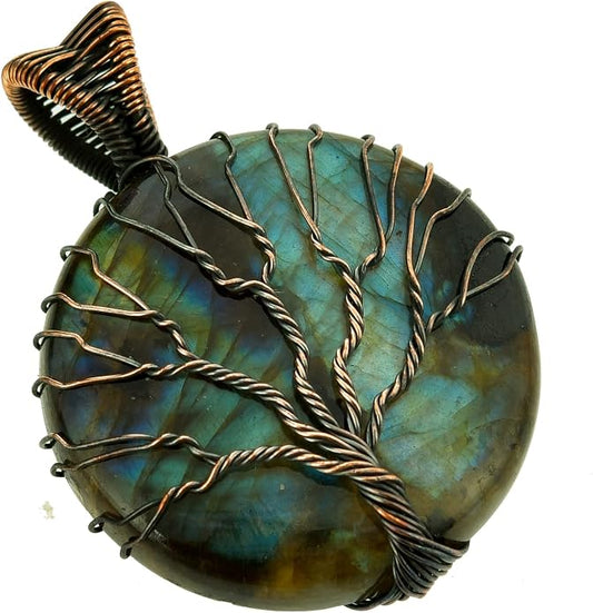 Tree Of Life Natural Gemstone Pendant Copper Wire Wrapped Jewelry Necklace