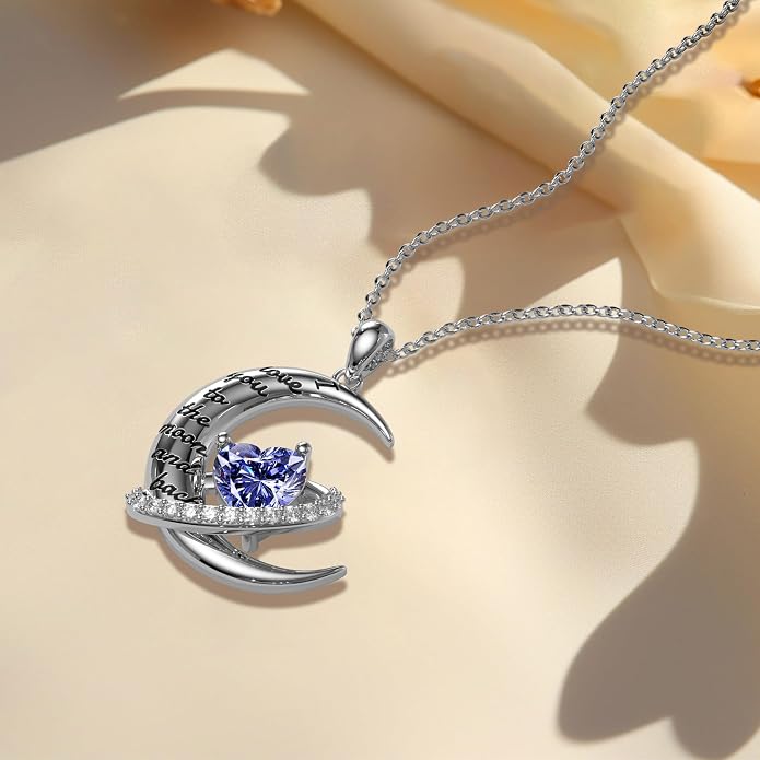 Distance I Love You to The Moon and Back Necklace for Women, S925 Sterling Silver Forever Love Heart Birthstone Necklace, Anniversary Birthday Jewelry for Wife Lover