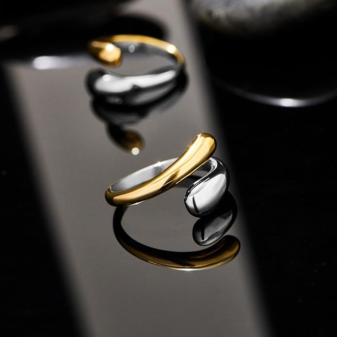 Non Tarnish Gold Chunky Rings for Women, 14K Gold Plated Statement Dome Rings Stacking Silver, Adjustable Mens Eternity Wedding Band Mixed Metal Jewelry Size 3-13