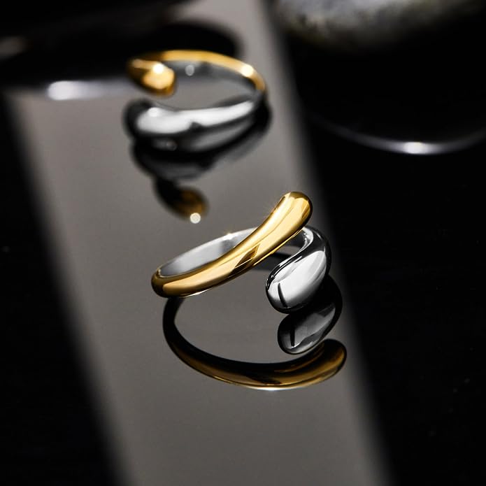 Non Tarnish Gold Chunky Rings for Women, 14K Gold Plated Statement Dome Rings Stacking Silver, Adjustable Mens Eternity Wedding Band Mixed Metal Jewelry Size 3-13