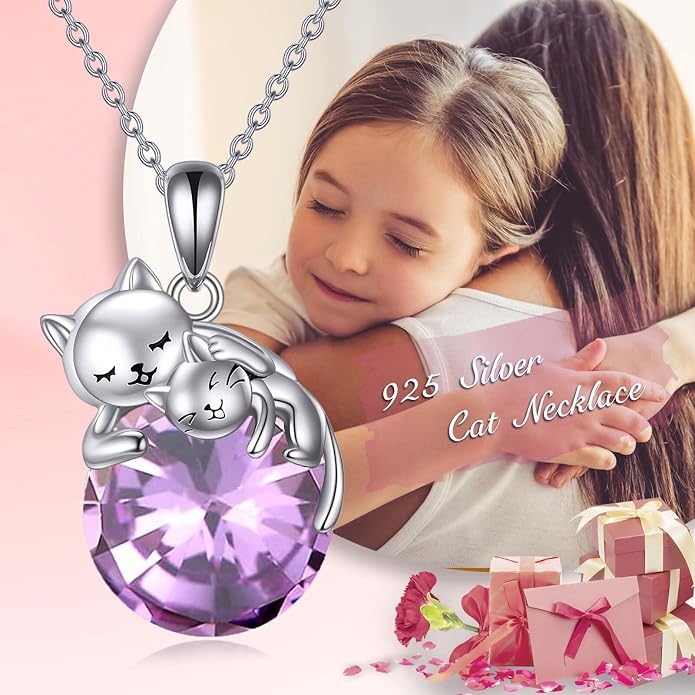 Cat Necklace Sterling Silver Cat Zircon Pendant Gothic Jewelry for Women Animal Lovers Gifts