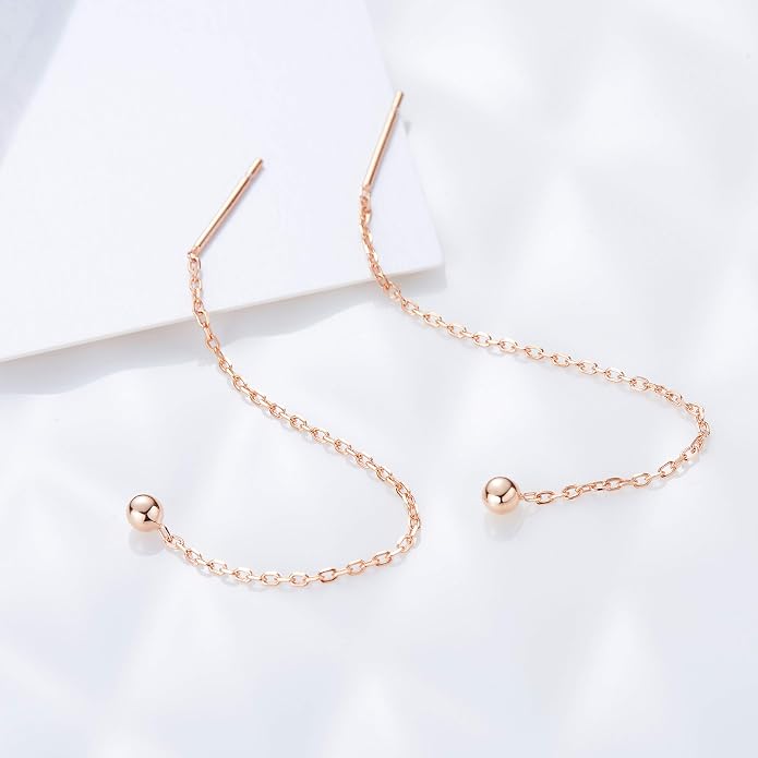 S.Leaf Threader Earrings for Women 925 Sterling Silver Gold Plated Hypoallergenic Backless Ardant Chain Duster Tassel Drop Double Piercing Pull Through Earrings for Women Trendy