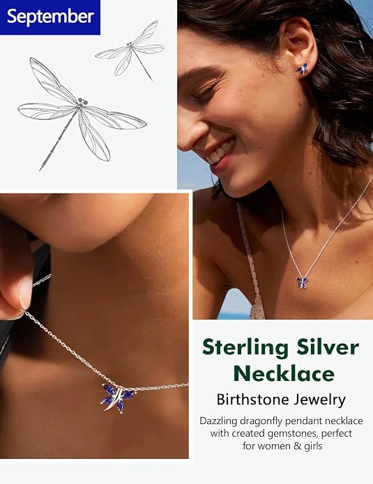 925 Sterling Silver Birthstone Necklaces for Women, Dainty Cute Dragonfly/Butterfly Pendant Necklace, Great Christmas/Anniversary Jewelry for Mother