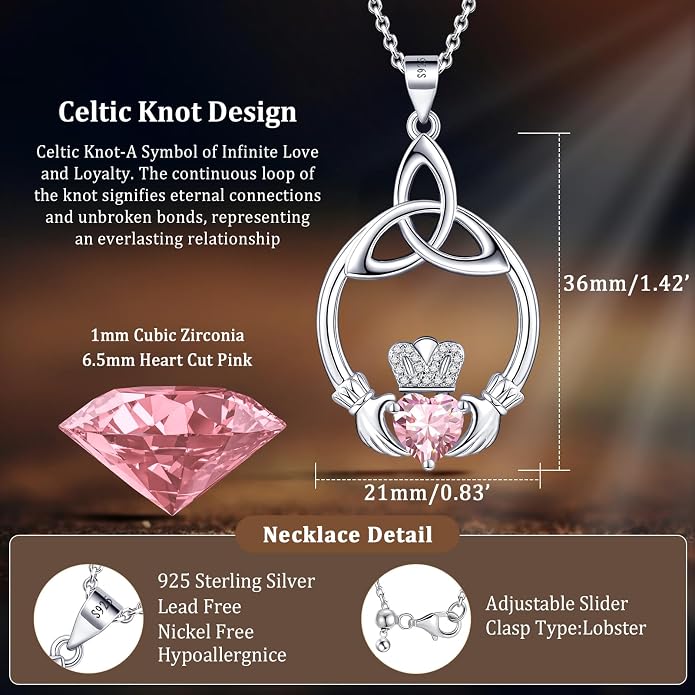 Gift Birthstone Necklaces for Women 925 Sterling Silver Irish Claddagh Necklace for Women Heart Birthstone Pendant Necklace Anniversary Birthday Gifts for Wife Lady Cable Chain 18"+2"