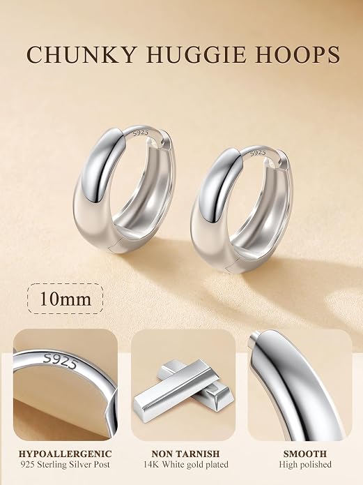 Bestyle Gold Huggies Earrings for Women Hypoallergenic 925 Sterling Silver Post Huggie Hoop Earrings Thick Lightweight Small Hoop Earrings 8/10/12/14mm