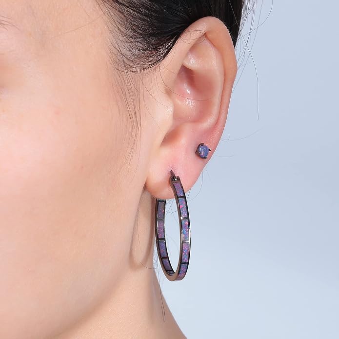 CiNily Opal Hoop Earrings,Women Jewelry Rhodium Plated/Rose Gold or Yellow Gold Plated Gemstone Big Hoop Earrings 32mm