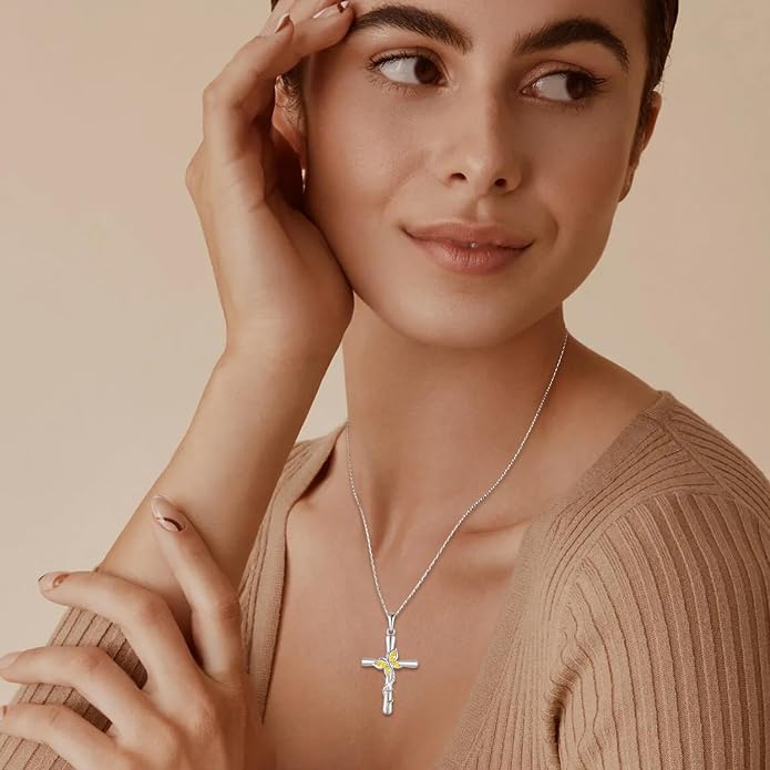 Cross Necklace for Women 925 Sterling Silver Butterfly Necklace Birthstone Pendant Created Gemstone Jewelry Gifts for Women