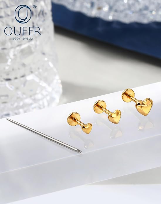 OUFER 18G 6/7/8MM Flat Back Cartilage EarRings-3PCS Gold Titanium Extended Internally Threaded Lip Piercing 2/3/4MM Round Clear CZ Helix Piercing Jewelry