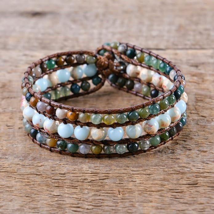 YGLINE Boho Handmade Natural Stone Bead 3 Row Wide Wrap Wrist Statment Bracelet Jewelry Collection