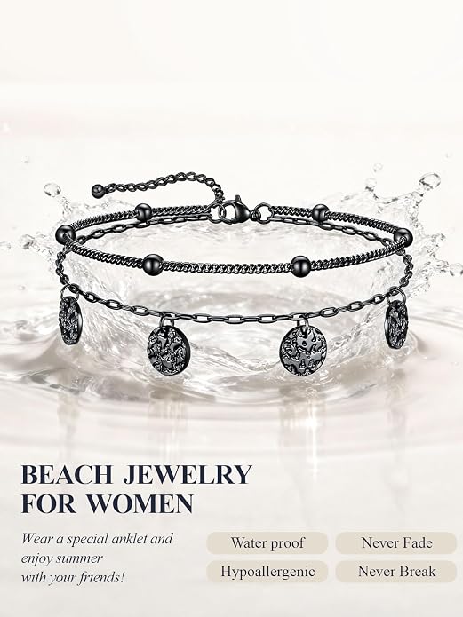 U7 Silver/Gold Ankle Bracelets for Women Layered Chain Anklets Stainless Steel Waterproof Summer Beach Anklet Cham, Adjustable 8.5"-10.5"