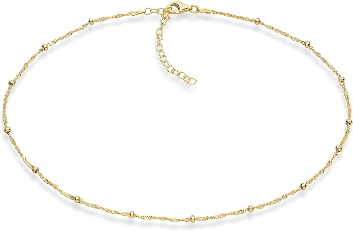 Miabella 925 Sterling Silver, 18K Gold Plated 925 Sterling Silver Figaro, Beaded Singapore, Sparkle, Cuban Link Chain, Choker Necklace for Women Made in Italy