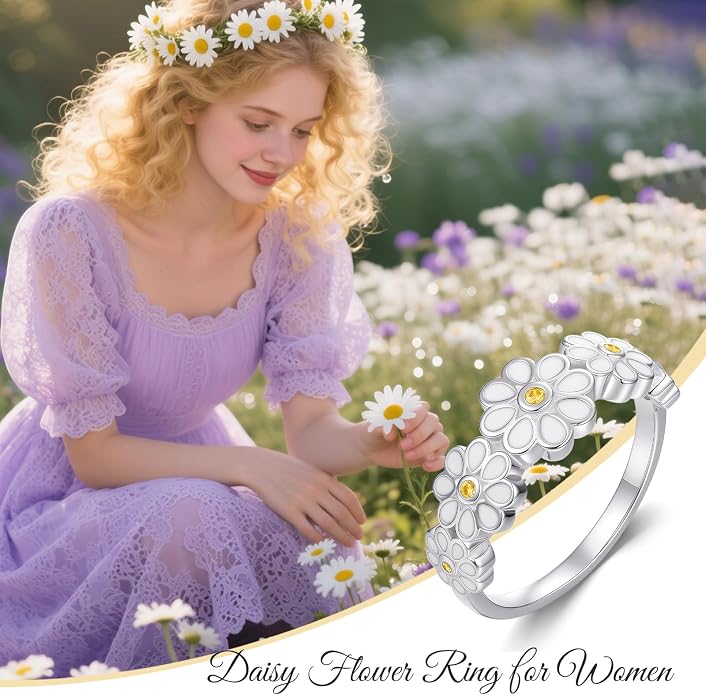 Daisy Rings for Women,925 Sterling Silver Daisy Flower Ring,Sunflower Stacking Statement Band Jewelry Gifts for Graduation Birthday