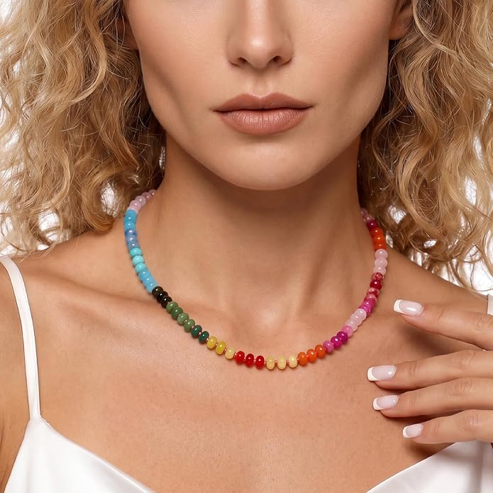 LALAPPLE Colorful Beaded Gemstone Necklace for Women, Boho Rainbow Bead Choker with Natural Stone Crystal Beads, Handmade Summer Beach Necklace Jewelry