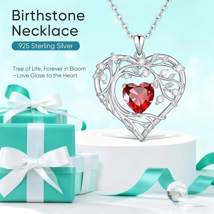 Tree of Life Birthstone Pendant Necklace - 925 Sterling Silver Heart Cubic Zirconia Diamond Women Pendant Necklaces for Her Daughter Girlfriend Birthday Gift Ideas for Wife Mom for Valentines Day