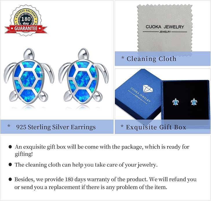Sea Turtle Earrings,Sterling Silver Hawaiian Beach Themed Stud Earrings Tortoise Animals Drop Dangle Blue Opal Ocean Tarnish Resistant Jewelry Gifts for Women Girlfriend Mom Mother Sister