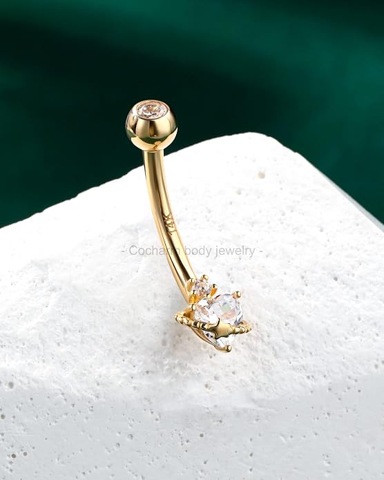 COCHARM 14K Gold Belly Button Ring, 14K Heart Gold Navel Ring for Women, Hypoallergenic Piercing Jewelry, 14G Gauge, 10MM Barbell Length, Sparkly Star Halo Design