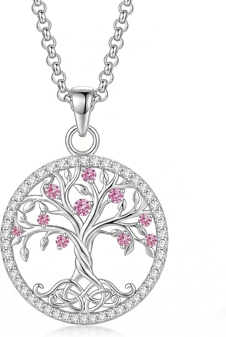 ONEFINITY Tree of Life Necklace 18k White Gold Plated Tree of Life Birthstone Pendant Necklace Birthstone Jewelry Anniversary Birthday Gifts for Women Men