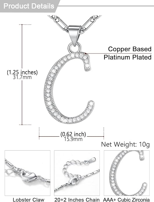 U7 Initial Necklace for Women, Gold/Platinum Plated CZ Crystal Letter A-Z Pendant Necklace, Shiny 20 Inch Name Chain Dainty Personalized Jewelry for Men Mom Wife Friend