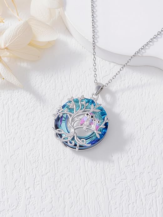 TOUPOP Sterling Silver Tree of Life Hummingbird/Dragonfly/Owl/Panda Necklace Crystal Bird Jewelry Birthday Christmas Valentines Day Gifts for Her Girlfriend Mom