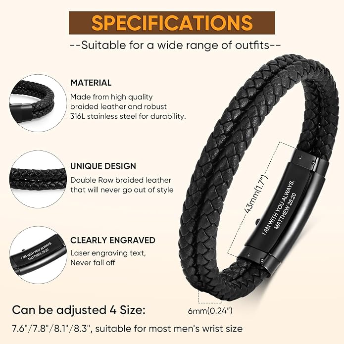 VNOX Men's Inspirational Mantra Engarved Handmade Braided Leather Adjustable Cuff Bangle Bracelet Encouragement Motivational Gift for Men