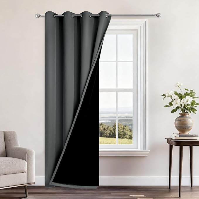 Yakamok Dark Grey Blackout Curtains 96" Long for Bedroom 52" Wide 1 Panel | Blackout Curtain Panels for Bedroom, 2 Thick Layers Grommet Top Thermal Insulated Drapes with Black Liner for Living Room