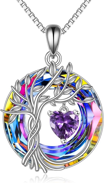 POPLYKE Mothers Day Gifts for Mom Her Wife Tree of Life Necklace 925 Sterling Silver Birthstone Pendant with Crystal Anniversary Birthday Wedding Jewelry for Women