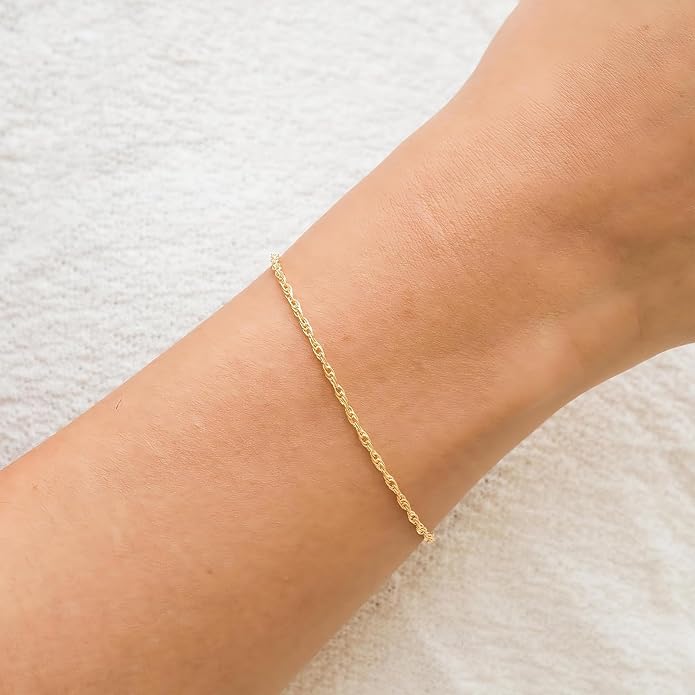 1.8mm Singapore Chain Bracelet for Women, 14K Gold Rope Link, 6-7 in | Dainty twisted rope chain bracelet | Hypoallergenic & Non-tarnish | Layering minimalist jewelry gifts