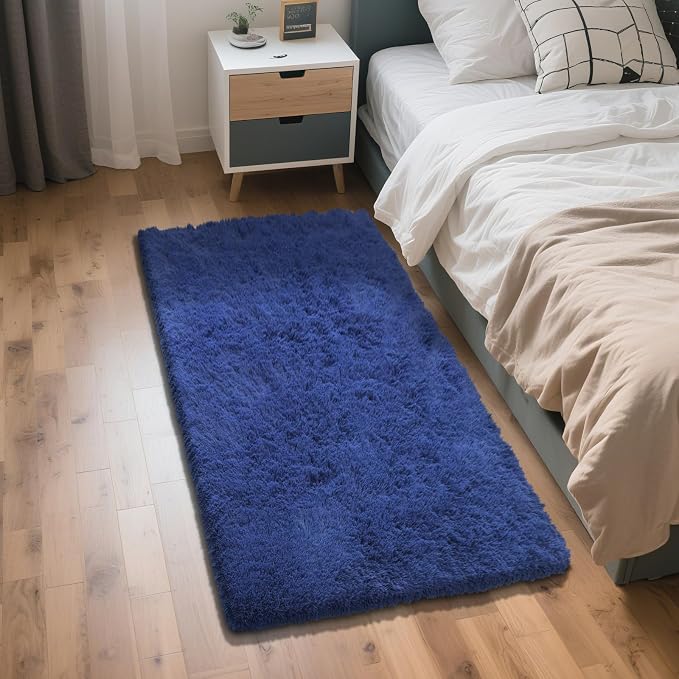 Blue Fluffy Rug Shag Area Rug, 3x5 Area Rugs for Girls Bedroom, Soft Play Mat, Indoor Floor Carpet for Teen, Preppy Dorm, Plush Aesthetic Bedside Rug
