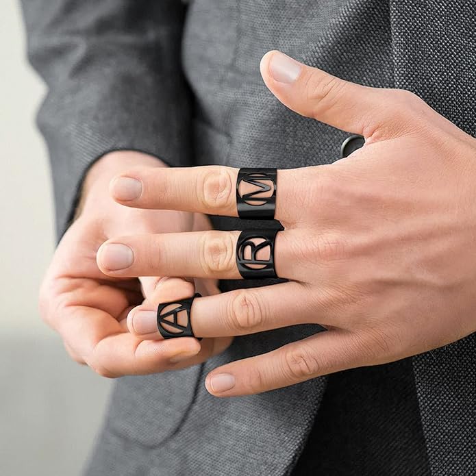 KeyStyle Bold Initial Letter Rings Adjustable, GoldChic Jewelry Women Gold Statement Ring Personalized Engraved Women’s Open Signet Ring for Party (Gold, White Gold, Black)