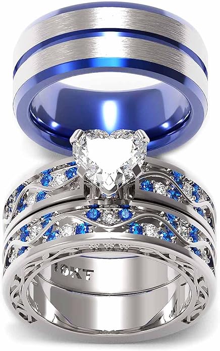 Couple Ring Bridal Sets His Hers Women 10k White Gold Filled Men Tungsten Carbide Wedding Engagement Ring Band