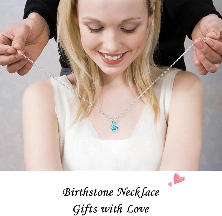 SMILEST Birthstone Necklaces for Women Mom Wife, 1ct Sparkle Round Cut Birthstone Pendant 925 Sterling Silver Necklace Anniversary Birthday Gifts for Women Mom Wife Friend