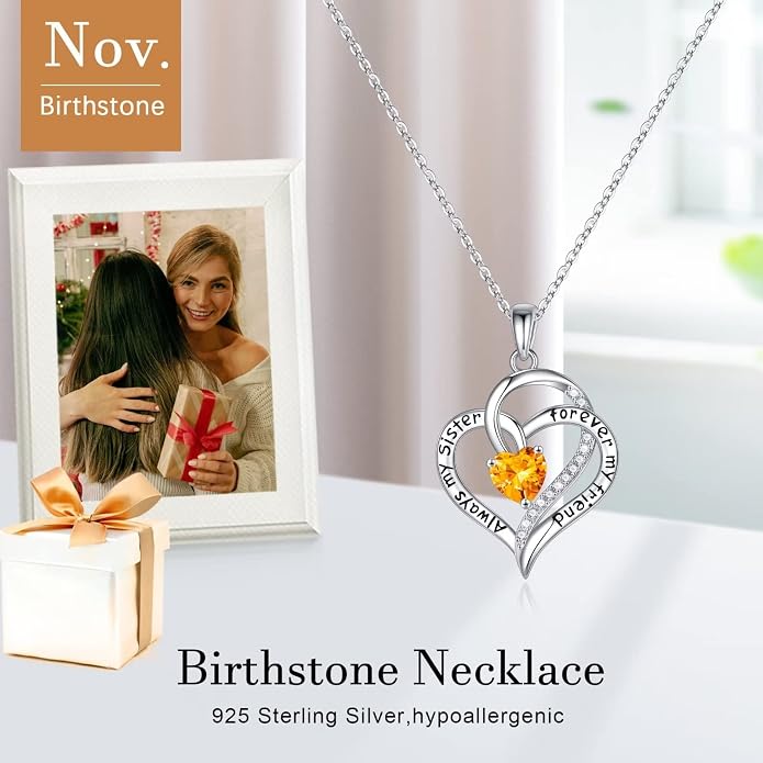 Iefil Gifts for Sister - 925 Sterling Silver Birthstone Necklace Sisters Jewelry