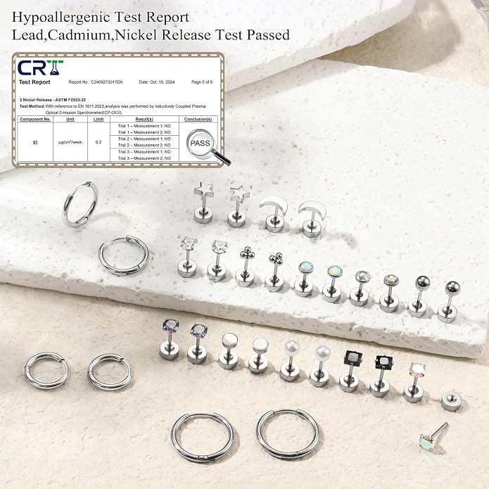 Jstyle Hypoallergenic Flat Back Stud Earrings for Women Men Surgical Stainless Steel Earrings for Sensitive Ears Small Stud Hoop Silver Gold Black Earrings Cartilage Earring Set for Multiple Piercing