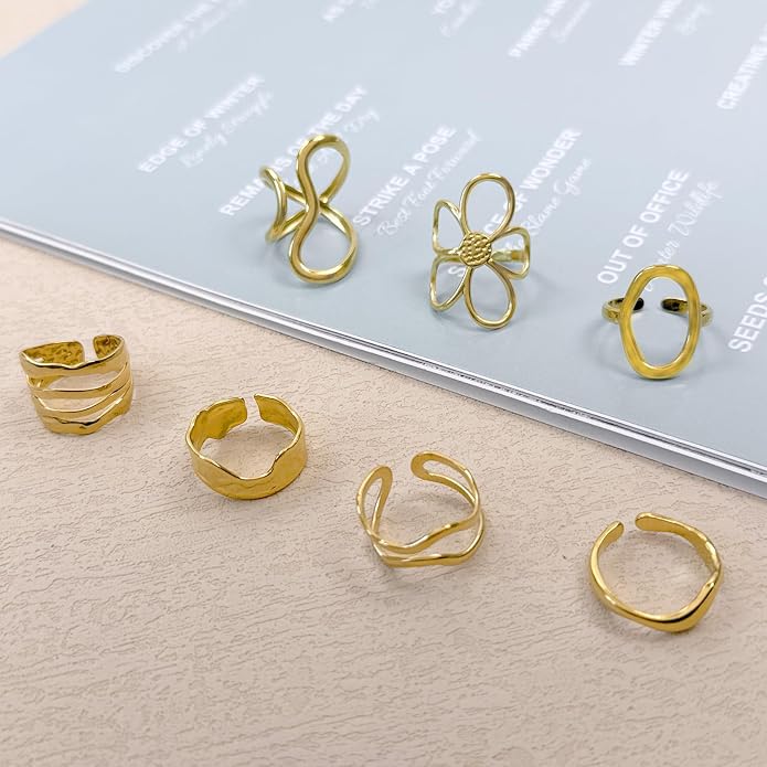 Gold Chunky Rings for Women Asymmetrical Wavy Curve Thumb Ring Irregular Thick Open Statement Rings Adjustable Stainless Steel Flower Finger Rings Non Tarnish