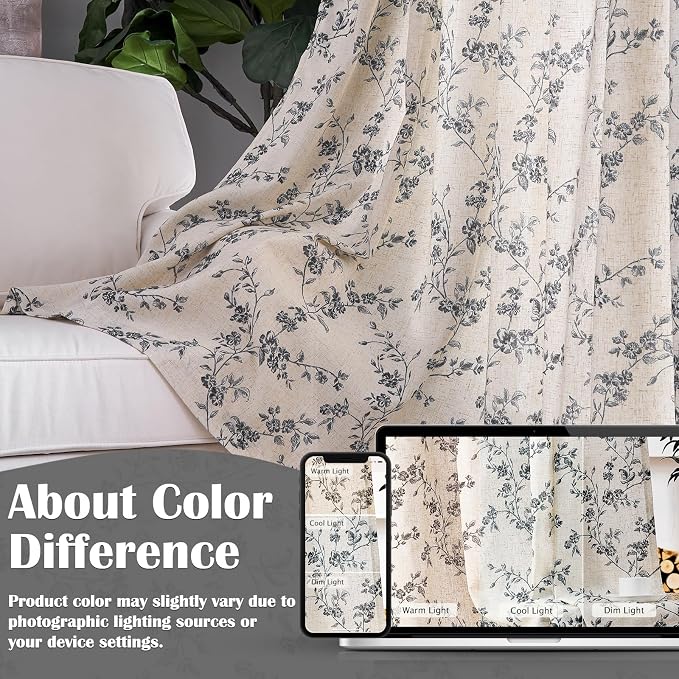 Lazzzy Floral Linen Curtains Farmhouse Extra Long Curtain for Living Room Bedroom Light Filtering Vintage Rod Pocket Back Tab Drapes for Home, 2 Panels, Black on Beige, W38 X L108