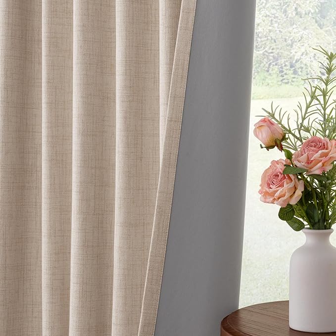INOVADAY 100% Blackout Curtains for Bedroom, Oatmeal Black Out Curtains 90 Inch Long, Clip Rings Linen Blackout Drapes, Thermal Insulated Room Darkening for Living Room, 2 Panels - W50xL90