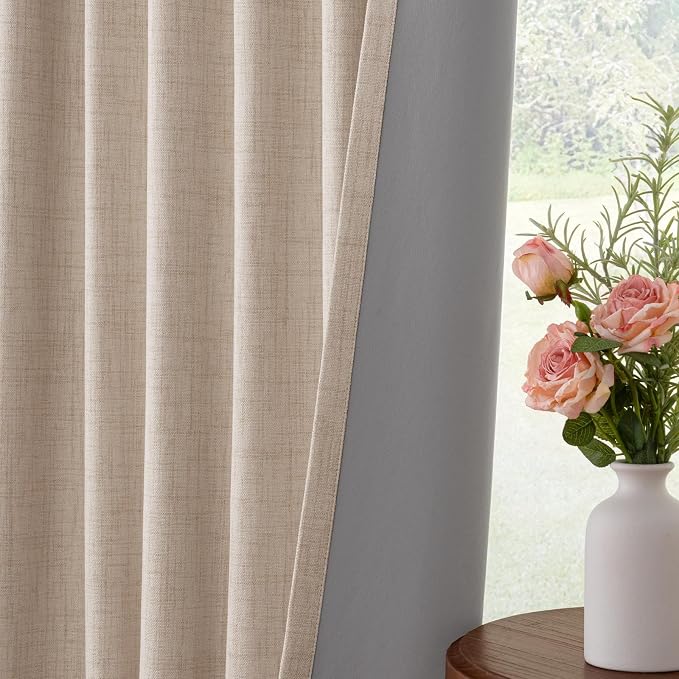INOVADAY 100% Blackout Curtains for Bedroom, Oatmeal Black Out Curtains 63 Inch Long, Clip Rings Linen Blackout Drapes, Thermal Insulated Room Darkening for Living Room, 2 Panels - W50xL63