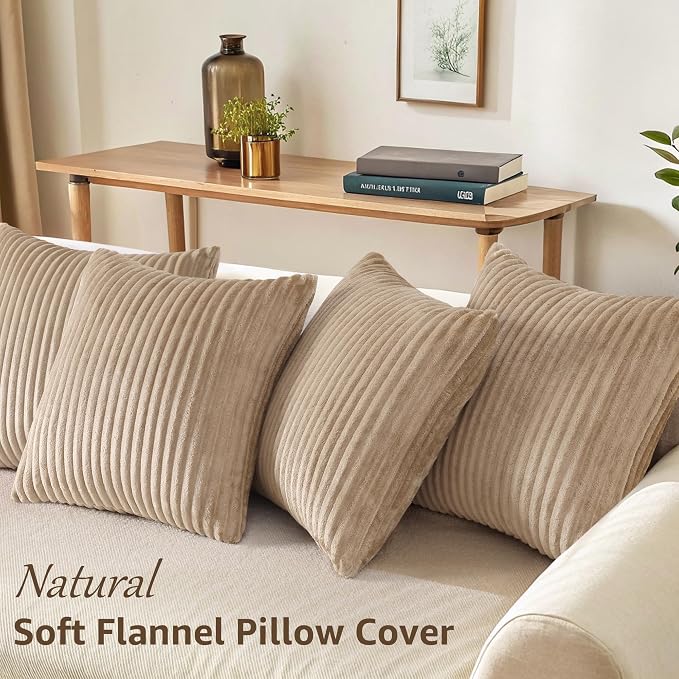 decorUhome Flannel Light Brown Throw Pillow Covers 18X18 Set of 4 | Decorative Fall Soft Fluffy Striped Double-Sided Couch Pillow Covers, Modern Farmhouse Pillow Cases for Sofa bed Home Decor